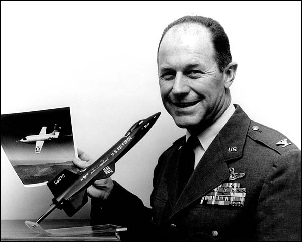 Chuck Yeager with Model of X-15 and Photo of Bell X-1 Photo Print for Sale