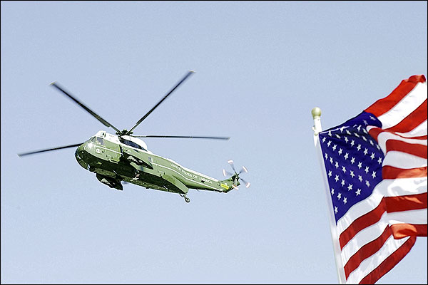 Marine One Helicopter with American Flag Photo Print for Sale