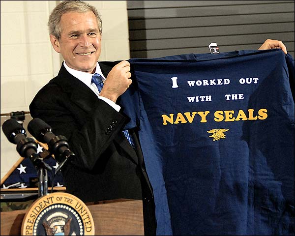 George W. Bush with Navy Seals T-shirt Photo Print for Sale