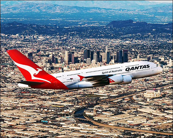 Qantas Airlines Airbus A380-800 Over Los Angeles Photo Print for Sale