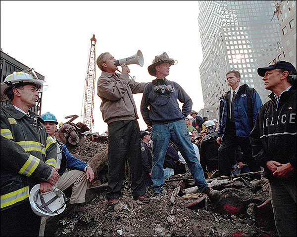 George W. Bush w/ NYC Firefighter at Ground Zero 9/11 Photo Print for Sale