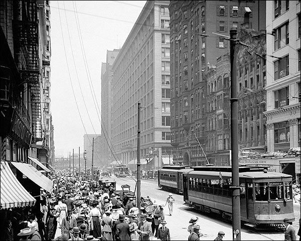 Pedestrians and Streetcars on State Street in Chicago Photo Print for Sale