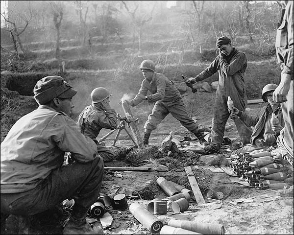 WWII American Soldiers Firing Mortar Rounds Photo Print for Sale