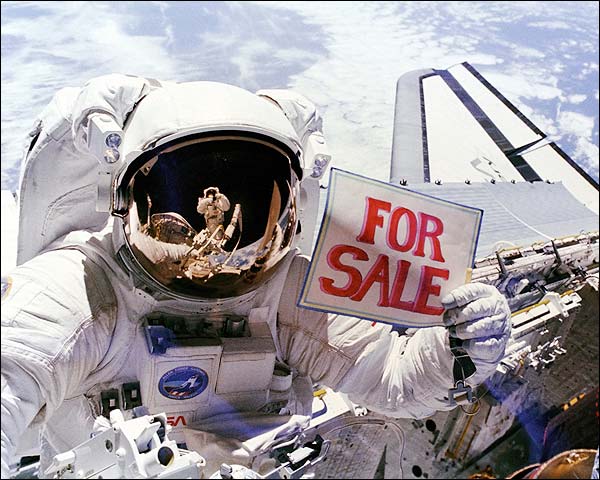 Space Shuttle Astronaut Dale Gardner with 'For Sale' Sign Photo Print for Sale