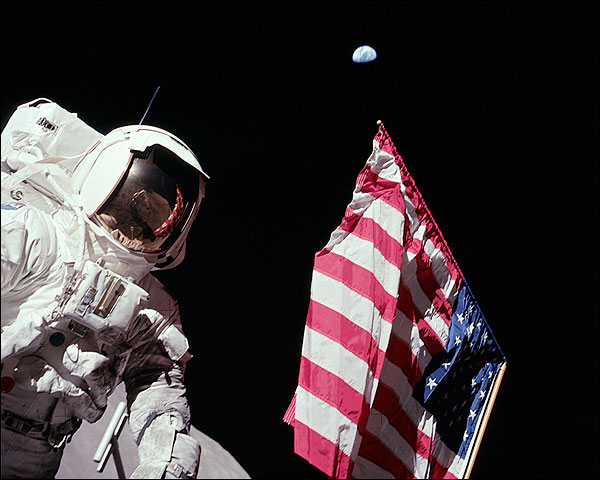 Apollo 17 Harrison Schmitt w/ Flag & Earth Photo Print for Sale