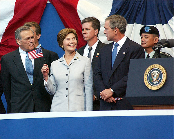 George W & Laura Bush with Donald Rumsfeld Photo Print for Sale