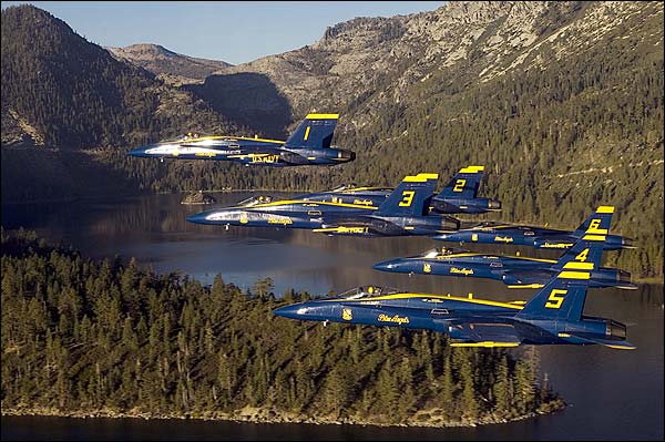 Blue Angels in Formation Over Mountain Lake Photo Print for Sale