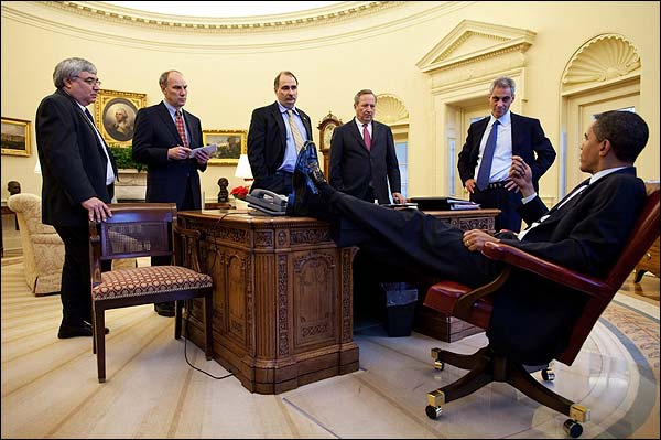 President Obama and Aides Meeting in Oval Office Photo Print for Sale