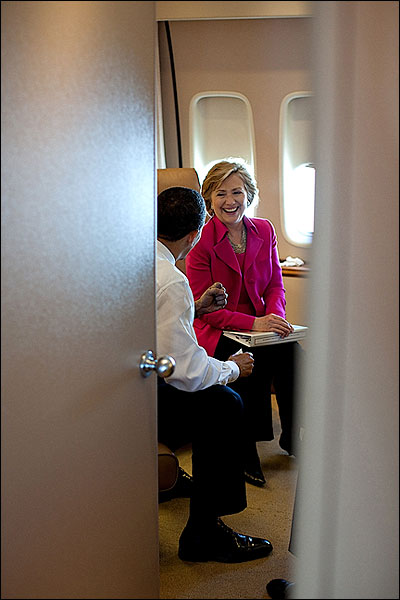 President Obama and Hillary Clinton on Air Force One Photo Print for Sale
