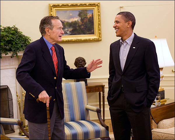President Obama and George H.W. Bush in Oval Office Photo Print for Sale