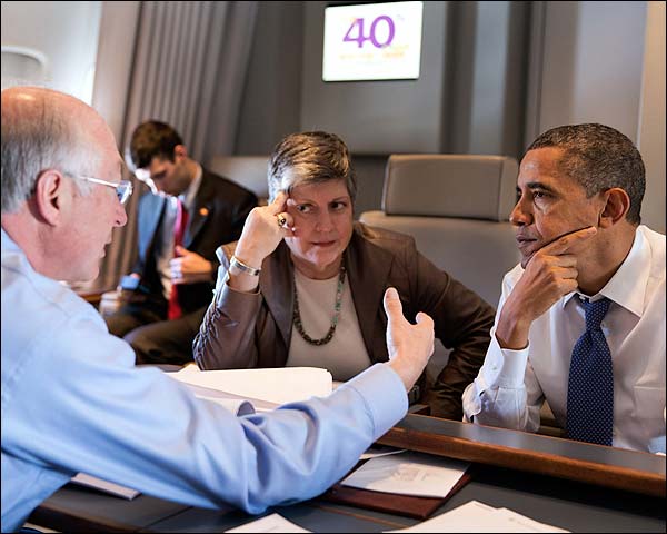 President Obama with Janet Napolitano on Air Force One Photo Print for Sale